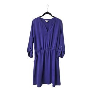 Everly Dress Purple Split Neck Elastic Waist Roll Tab Sleeves Pockets Lined